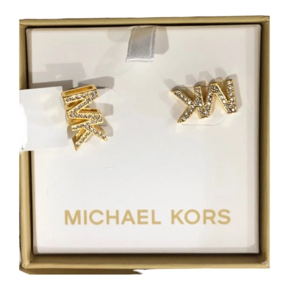 Michael Kors round crystal rhinestone embellished MK logo monogram stud earrings
